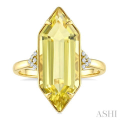 22X8 MM Evoque Gemstones Hexagon Shape Lemon Quartz and 1/20 Ctw Round Cut Diamond Semi-Precious Ring in 14K Yellow Gold