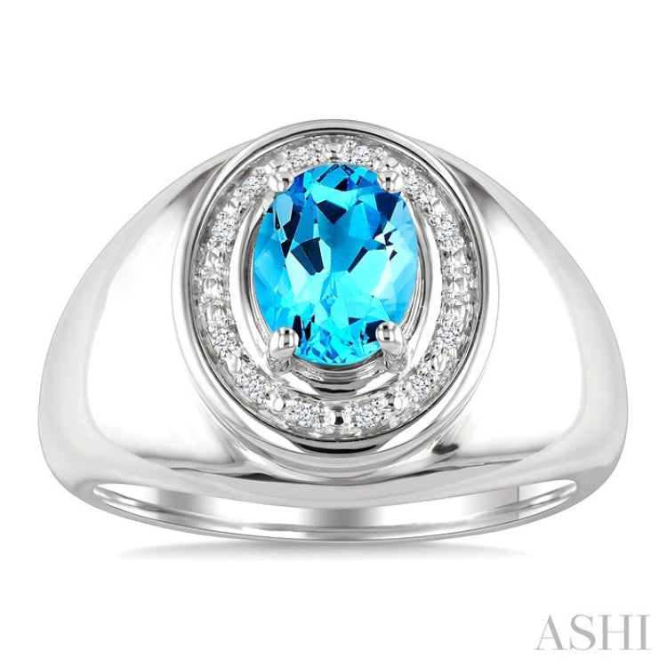 8X6 MM Oval Shape Blue Topaz and 1/20 Ctw Round Cut Diamond Semi-Precious Ring in Sterling Silver