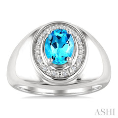 8X6 MM Oval Shape Blue Topaz and 1/20 Ctw Round Cut Diamond Semi-Precious Ring in Sterling Silver