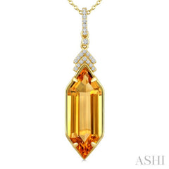 22X8 MM Evoque Gemstone Hexagon Shape Citrine and 1/10 Ctw Round Cut Diamond Semi-Precious Pendant With Chain in 14K Yellow Gold