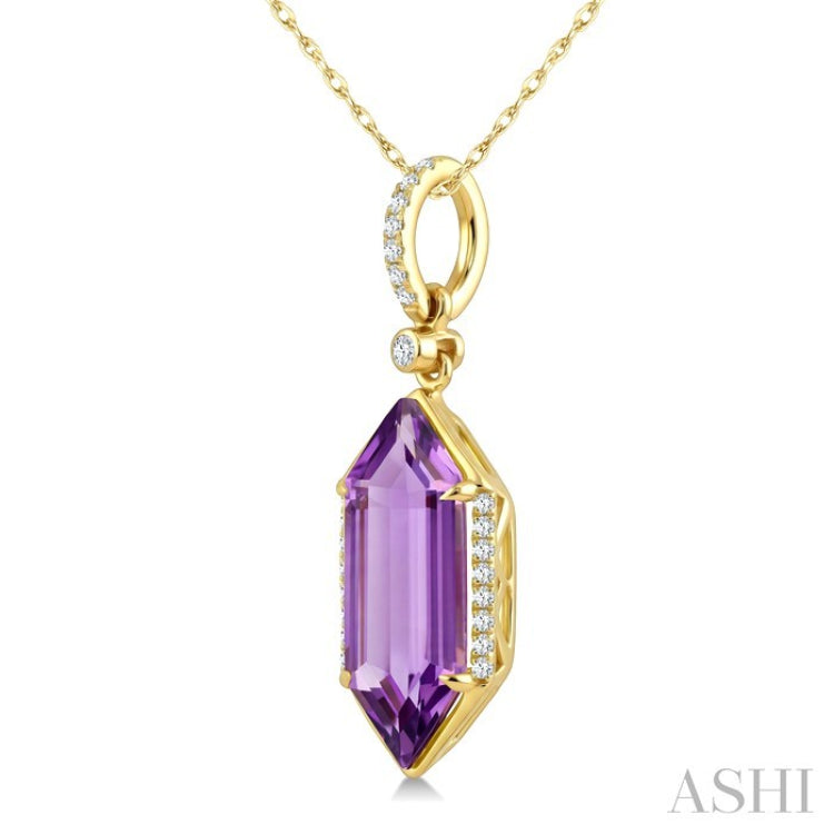 16X6 MM Evoque Gemstones Hexagon Shape Amethyst and 1/10 Ctw Round Cut Diamond Semi-Precious Pendant With Chain in 10K Yellow Gold