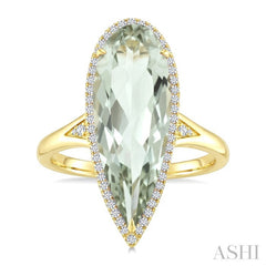 22X8 MM Evoque Gemstone Pear Shape Green Amethyst and 1/5 Ctw Round Cut Diamond Semi-Precious Ring in 14K Yellow Gold