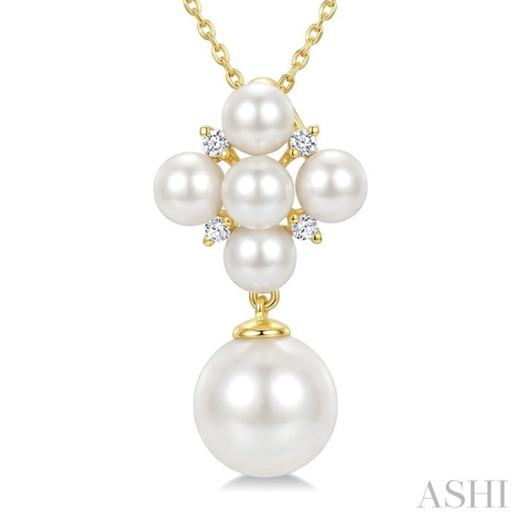 4MM & 8MM White Cultured Pearl and 1/20 Ctw Round Cut Diamond Fashion Pendant With Chain in 10K Yellow Gold