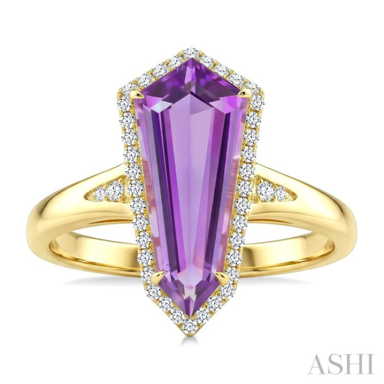 16X7 MM Evoque Gemstones Shield Shape Amethyst and 1/6 Ctw Round Cut Diamond Semi-Precious Ring in 10K Yellow Gold