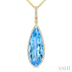 22X8 MM Evoque Gemstones Pear Shape Blue Topaz and 1/4 Ctw Round Cut Diamond Semi-Precious Pendant With Chain in 14K Yellow Gold
