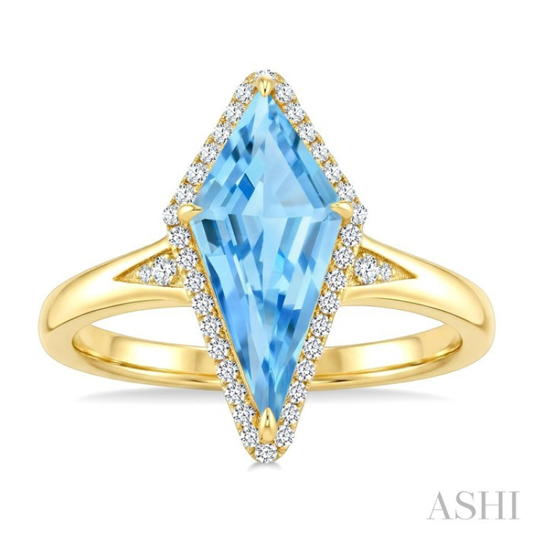 16X7 MM Evoque Gemstones Kite Shape Blue Topaz and 1/6 Ctw Round Cut Diamond Semi-Precious Ring in 10K Yellow Gold