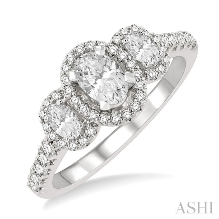 5/8 Ctw Oval Shape Past Present and Future Round Cut Diamond Semi-Mount Engagement Ring in 14K White Gold