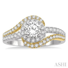 1 Ctw Swirl Round Diamond Two Tone Ladies Engagement Ring with 1/2 Ct Round Cut Center Stone in 14K White and Yellow Gold
