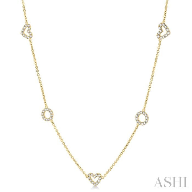 1 Ctw Heart and Circle Round Cut Diamond Station Necklace in 14K Yellow Gold