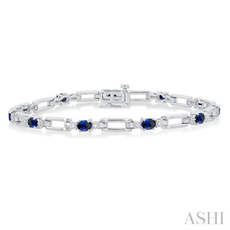 4X3 MM Oval Cut Sapphire and 1/10 Ctw Round Cut Diamond Paperclip Bracelet in 14K White Gold