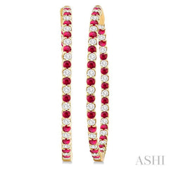 2.3 MM Ruby and Alternating 2 1/2 Ctw Round Cut Inside-Out Diamond Precious Hoop Earrings in 14K Yellow Gold