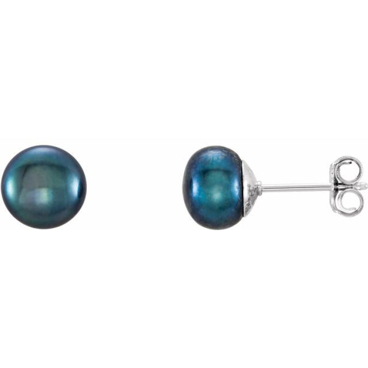 Sterling Silver 7-8 mm Cultured Black Freshwater Button Pearl Earrings