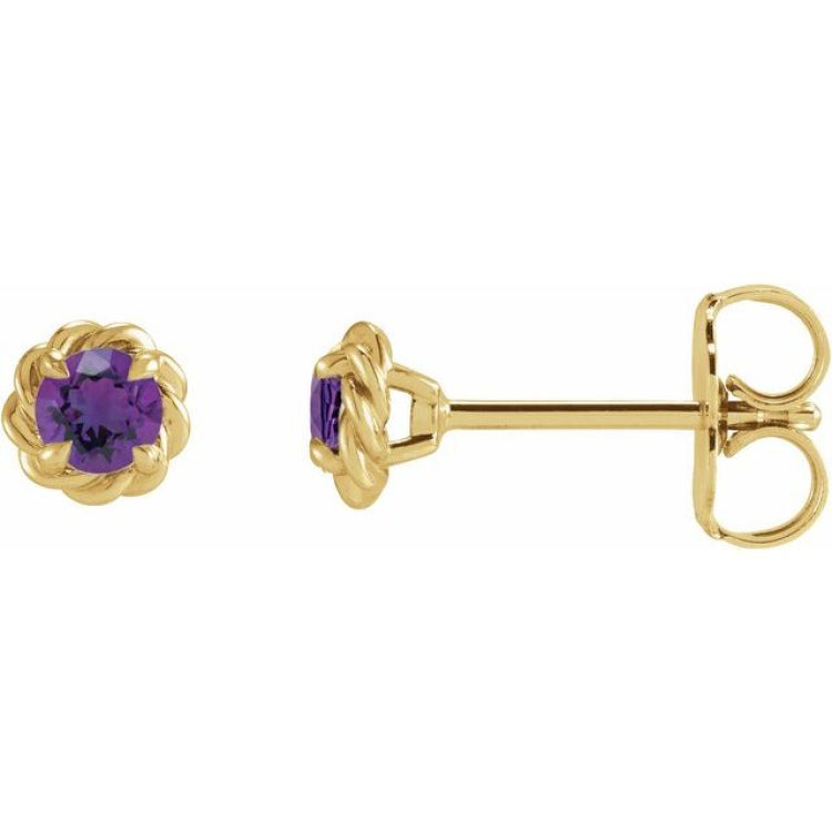14K Yellow Gold 5 mm Natural Amethyst Claw-Prong Rope Earrings