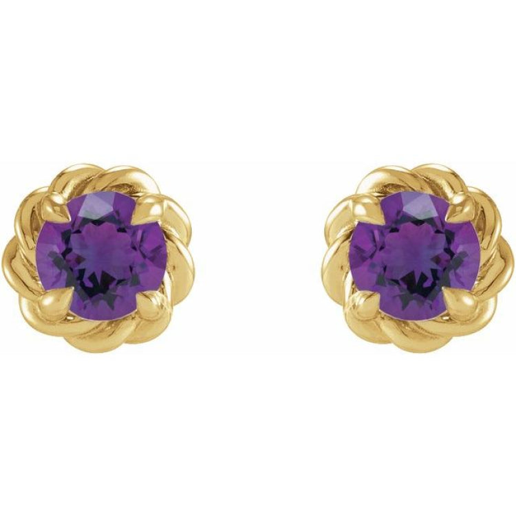 14K Yellow Gold 5 mm Natural Amethyst Claw-Prong Rope Earrings