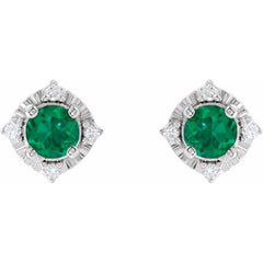 Sterling Silver Lab-Grown Emerald & .08 CTW Natural Diamond Halo-Style Earrings