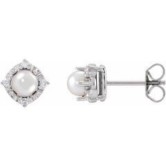 Sterling Silver Cultured White Freshwater Pearl & .08 CTW Natural Diamond Halo-Style Earrings