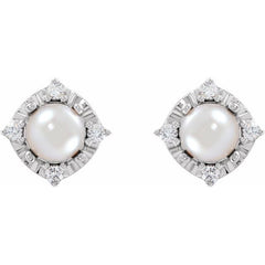 Sterling Silver Cultured White Freshwater Pearl & .08 CTW Natural Diamond Halo-Style Earrings