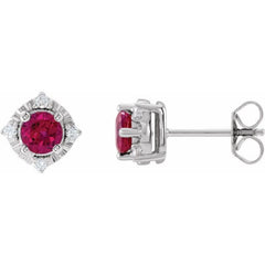 Sterling Silver Lab-Grown Ruby & .08 CTW Natural Diamond Halo-Style Earrings