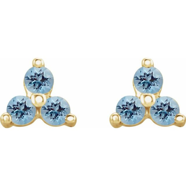 14K Yellow Gold Natural Aquamarine Three Stone Earrings