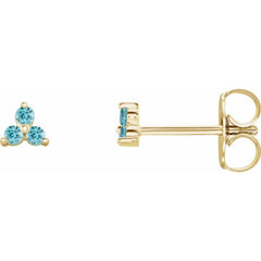 14K Yellow Gold Natural Blue Zircon Three Stone Earrings