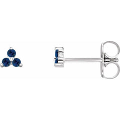 14K White Gold Natural Blue Sapphire Three Stone Earrings