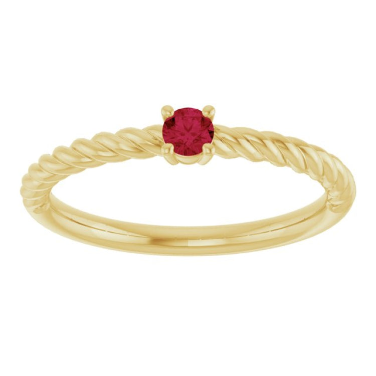 14K Yellow Gold 3 mm Lab-Grown Ruby Solitaire Rope Ring