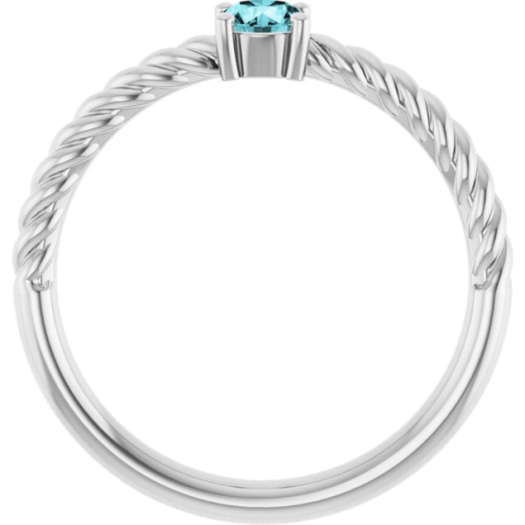 14K White Gold 4 mm Natural Blue Zircon Solitaire Rope Ring