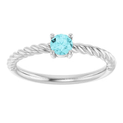14K White Gold 4 mm Natural Blue Zircon Solitaire Rope Ring