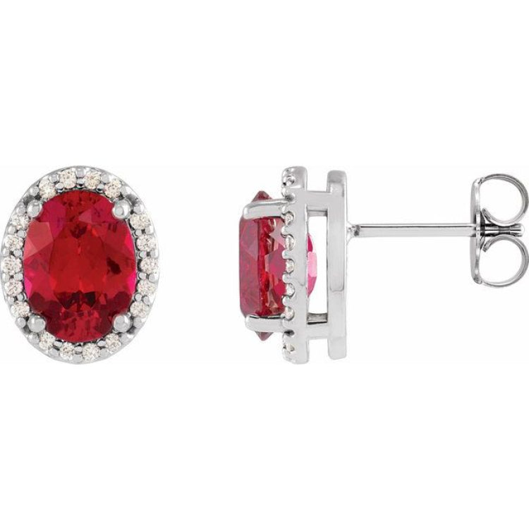 14K White Gold 5x3 mm Lab-Grown Ruby & .04 CTW Natural Diamond Halo-Style Earrings