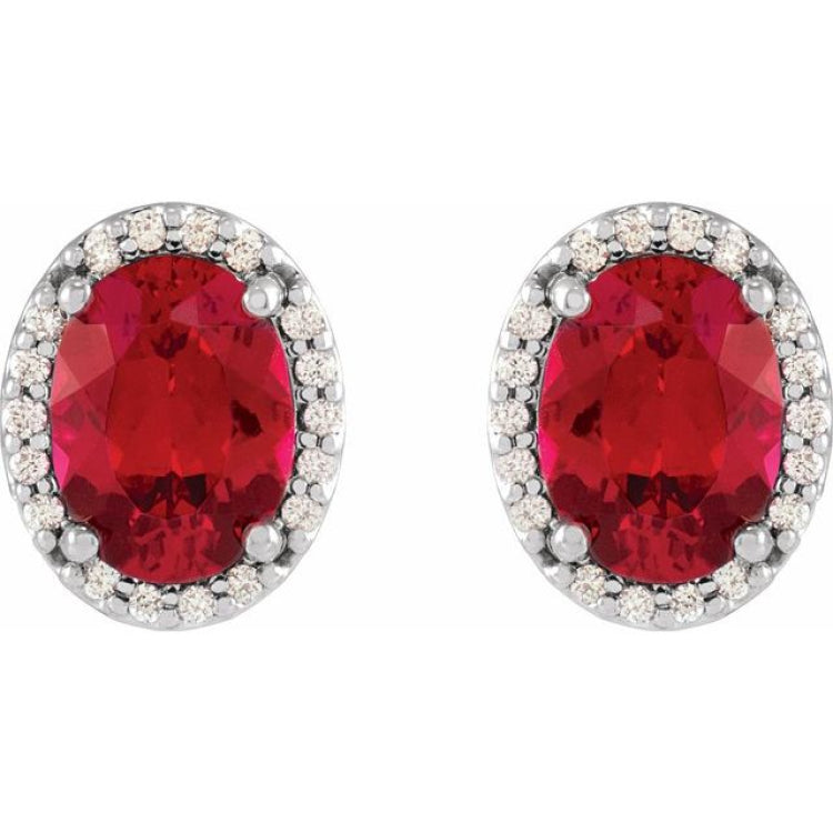 14K White Gold 5x3 mm Lab-Grown Ruby & .04 CTW Natural Diamond Halo-Style Earrings
