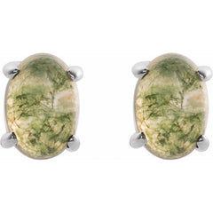 14K White Gold 7x5 mm Oval Natural Moss Agate Earrings