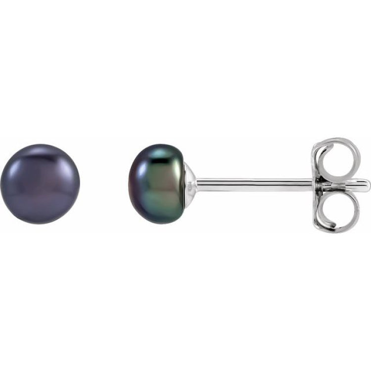 Sterling Silver 4-4.5 mm Cultured Black Freshwater Button Pearl Earrings