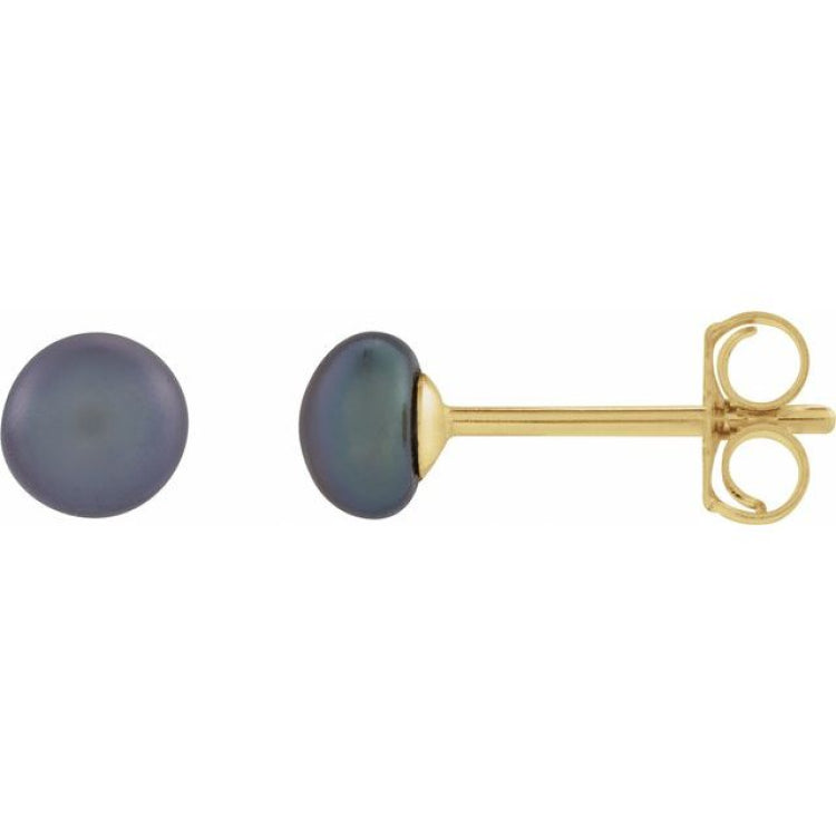 14K Yellow Gold 4-4.5 mm Cultured Black Freshwater Button Pearl Earrings