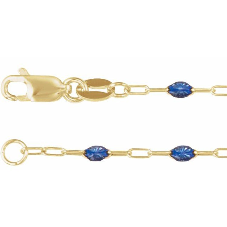 14K Yellow Gold-Filled 1.6 mm Blue Enamel Bead Paperclip-Style 16" Chain