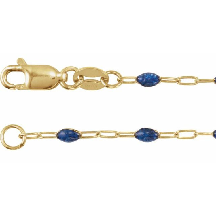 14K Yellow Gold-Filled 1.6 mm Blue Enamel Bead Paperclip-Style 7" Chain