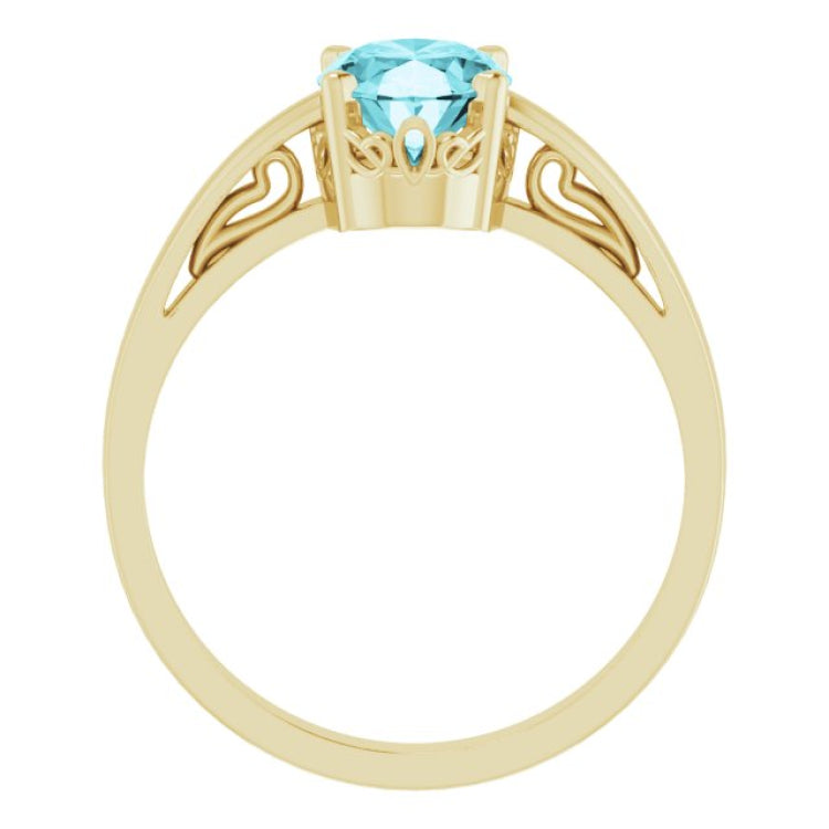 14K Yellow Gold Natural Blue Zircon Solitaire Scroll Setting® Ring
