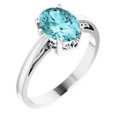 14K White Gold Natural Blue Zircon Solitaire Scroll Setting® Ring