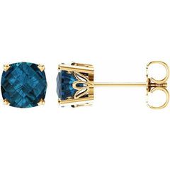 14K Yellow Gold 6x6 mm Cushion Natural London Blue Topaz Earrings