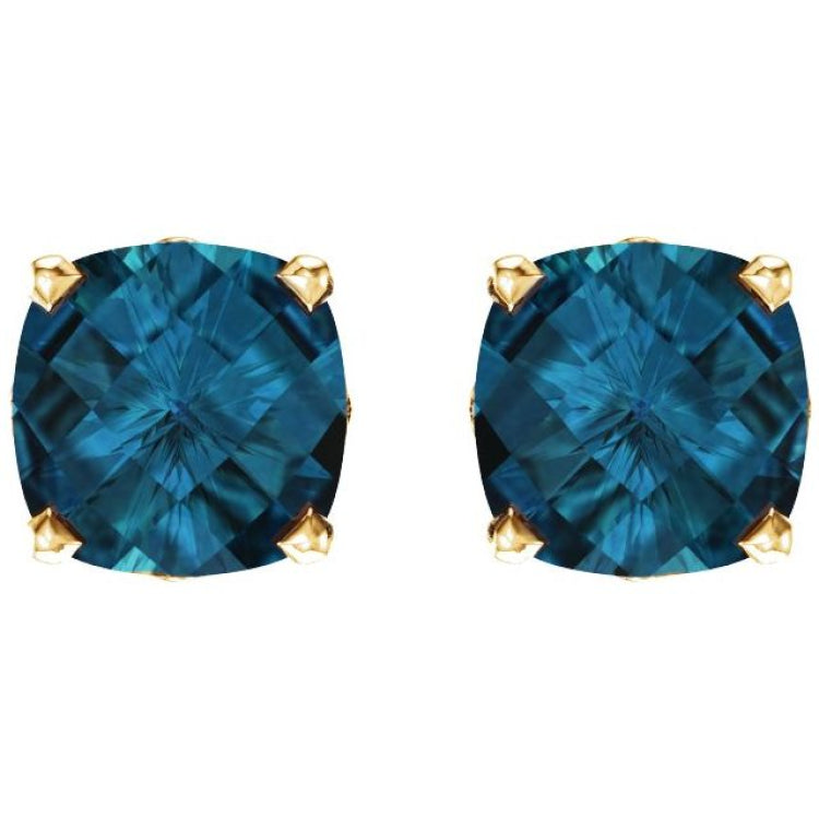 14K Yellow Gold 6x6 mm Cushion Natural London Blue Topaz Earrings