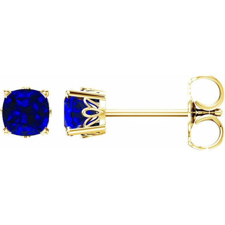 14K Yellow Gold 6x6 mm Cushion Lab-Grown Blue Sapphire Earrings