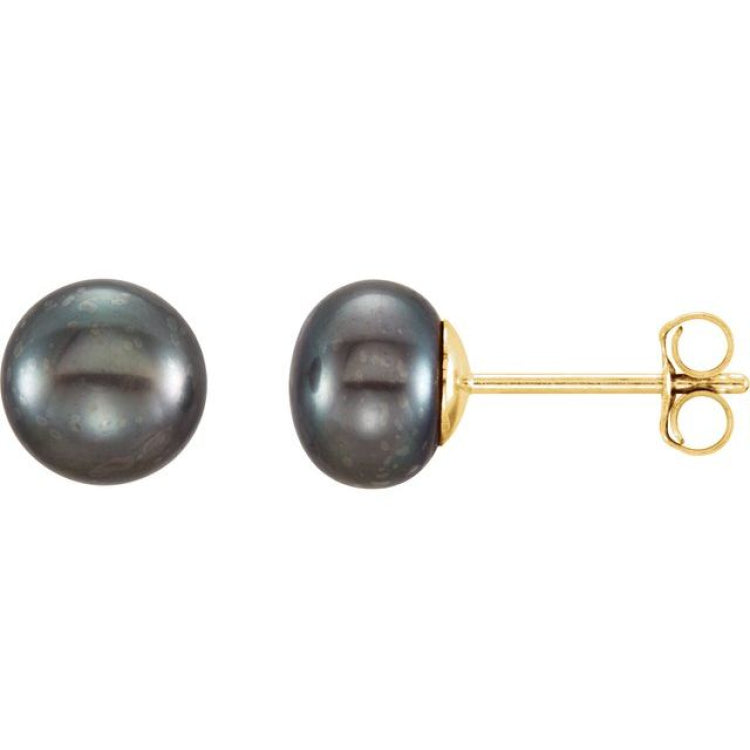 14K Yellow Gold 6-7 mm Cultured Black Freshwater Button Pearl Earrings
