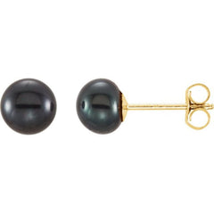 14K Yellow Gold 5-6 mm Cultured Black Freshwater Button Pearl Earrings