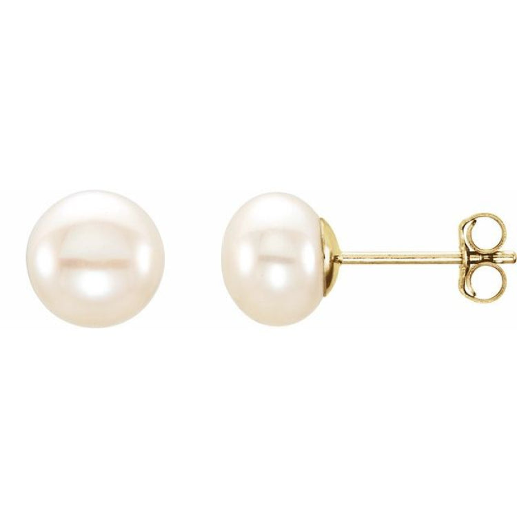 14K Yellow Gold 6-7 mm Cultured White Freshwater Button Pearl Earrings