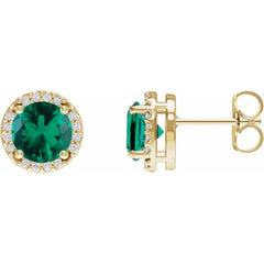 14K Yellow Gold Lab-Grown Emerald & .05 CTW Natural Diamond Halo-Style Earrings