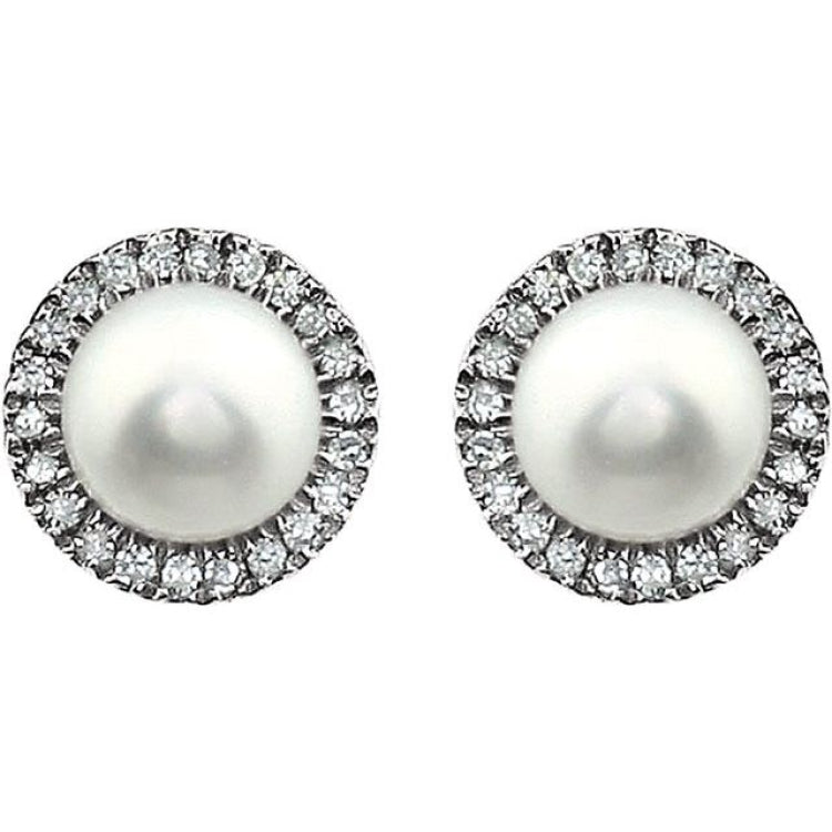 Sterling Silver Cultured White Freshwater Pearl & 1/8 CTW Lab-Grown Diamond Earrings