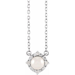 14K White Gold Cultured White Freshwater Pearl & .04 CTW Natural Diamond Halo-Style 18" Necklace