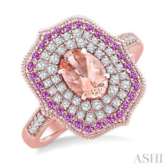 7X5 MM Oval Shape Morganite and 1.25 MM Round Shape Pink Sapphire and 1/3 Ctw Round Cut Diamond Precious & Semi-Precious Fashion Ring in 14K Rose Gold