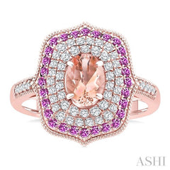 7X5 MM Oval Shape Morganite and 1.25 MM Round Shape Pink Sapphire and 1/3 Ctw Round Cut Diamond Precious & Semi-Precious Fashion Ring in 14K Rose Gold