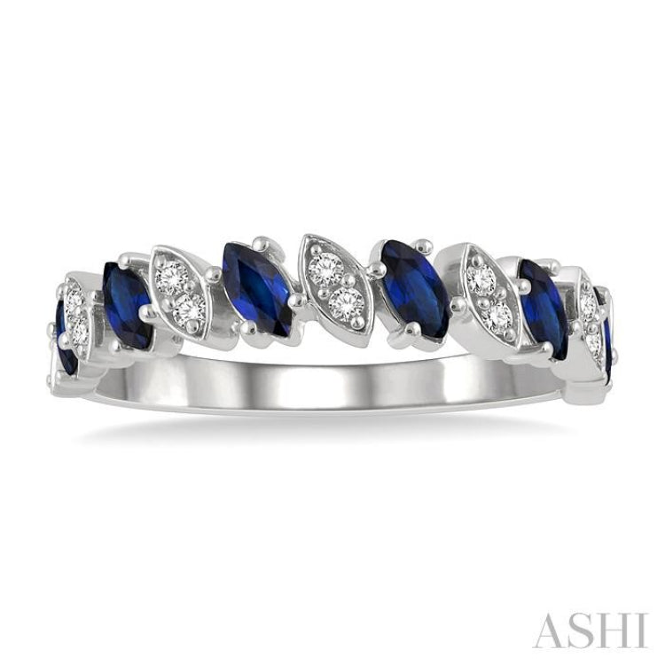 4X2 MM Marquise Shape Sapphire and 1/10 Ctw Round Cut Diamond Precious Band in 14K White Gold