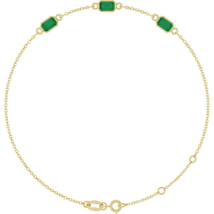14K Yellow Gold Lab-Grown Emerald Bezel-Set 3-Stone 7 1/2" Bracelet